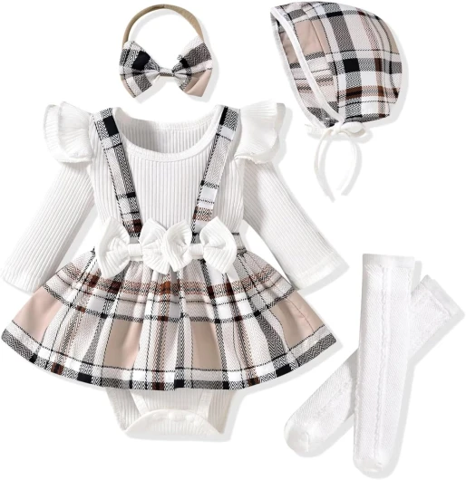 Preemie Newborn Baby Girl Clothes Romper Suspender Dress Fall Winter Outfits Ruffle Long Sleeve Jumpsuit Beige Plaid Preemie