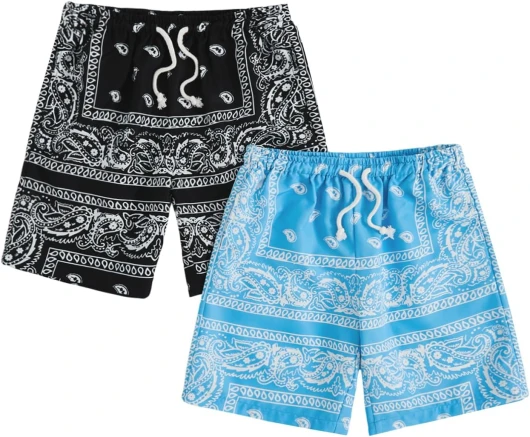 Boy’s 2 Pcs Boho Paisley Print Drawstring Waist Summer Beach Shorts with Pockets