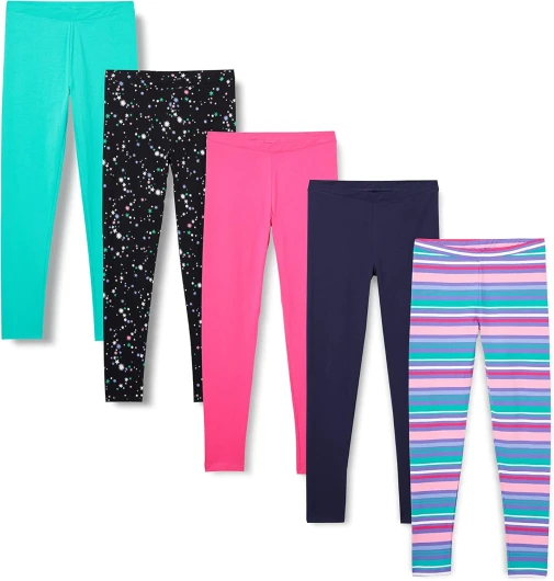 Girls and Toddlers’ Leggings, Multipacks 5 Aqua Green/Black Stars/Navy/Pink/Stripe Medium