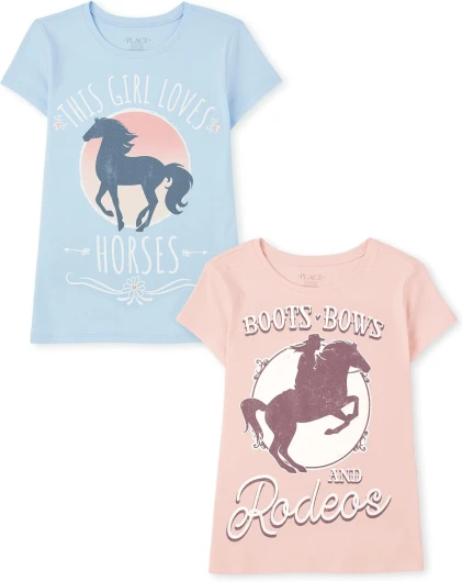 The Children’s Place Girls’ Animal Short Sleeve Graphic T-Shirts, Multipack Medium This Girl Loves Horses 2-pack 2