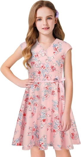 Girls’ V Neck Dress Floral Printed A-line Swing Casual Party Dress with Belt for 6-14 Years Pink Floral 11-12 Years