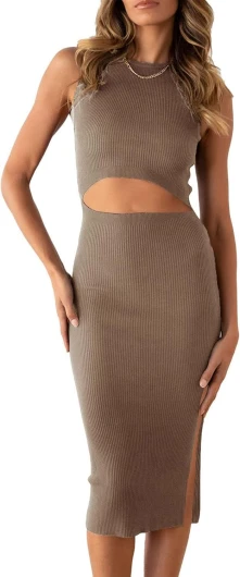 Women’s Summer Midi Bodycon Dresses Casual Crew Neck Side Slit Sleeveless Knit Cut Out Tank Top Dress Camel Small