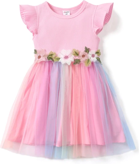 Girl’s Tulle Dress Tutu Party Birthday Poster Formal Fancy Flower Princess Dresses 8-9 Years Pink