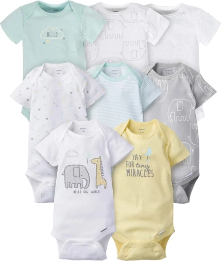 Gerber Baby 8-Pack Short Sleeve Onesie Bodysuits Animals Green 0-3 Months