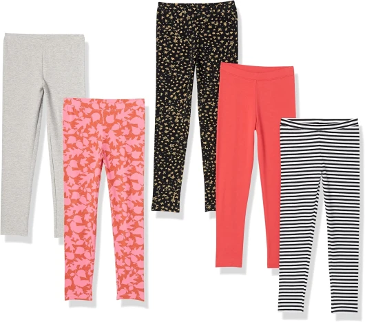 Girls and Toddlers’ Leggings, Multipacks 5 Black Stars/Grey/Orange/Peach Leaf Print/White Stripe 3T