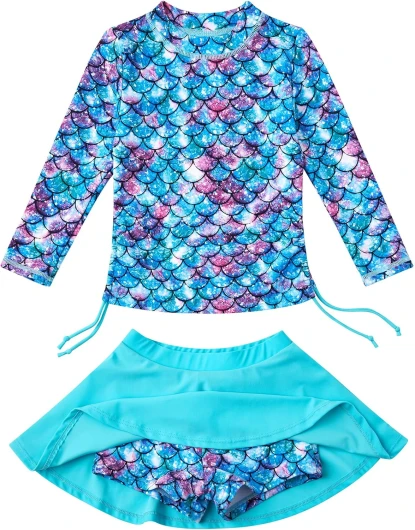 Girls Rash Guard Two Pieces Bathing Suit Long Sleeve Swimsuit Swimming Skirt with Shorts Swimwear 3-12T 9-10 Years A Green