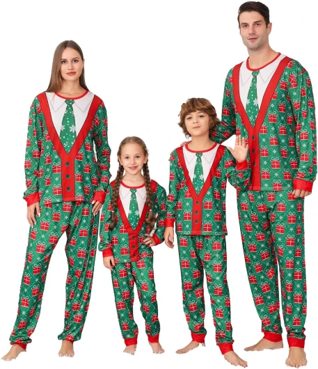 PYAEAS Matching Family Pajamas Sets Christmas PJ’s Jammies Holiday Sleepwear Loungewear for Adult Women Men Xmas Outfits Youth 4-5T Green Suit