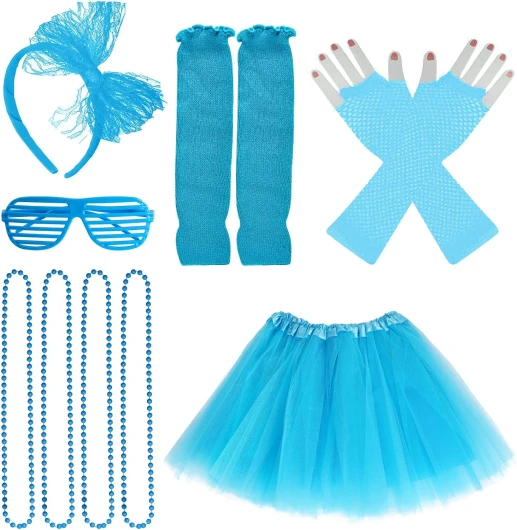 Jiebor 80s Costume Outfits Accessories for Girls Kids Tutu Skirt Leg Warmers Fishnet Gloves Shutter Glass Headband Necklace