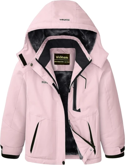 WICKHAM Girl’s Waterproof Ski Jacket Winter Warm Fleece Lined Snow Windproof Jackets Removable Hood Ski Coat for Kids 10-12 Years Pink