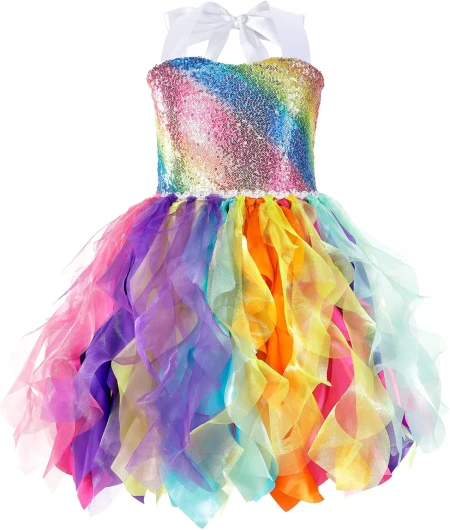 Tutu Dress for Girls Sparkly Sequin Tulle Princess Birthday Party Prom Outfit Toddler Girls Sneaker Ball Gown Dress 10 Years Rainbow