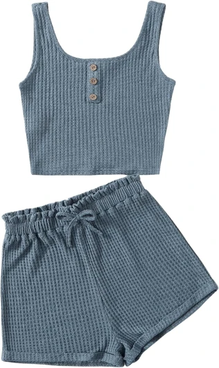 Girl’s 2 Piece Outfits Waffle Knit Scoop Neck Button Down Crop Tank Tops Paperbag Waist Track Shorts