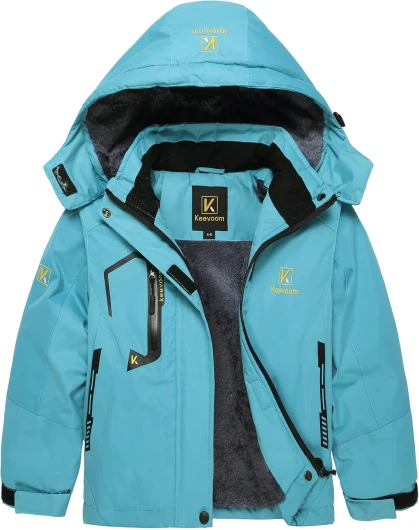 Girl’s Waterproof Ski Jacket Fleece Snow Coat Windproof Warm Winter Snowboarding Jacket with Removable Hood 10-12 Blue