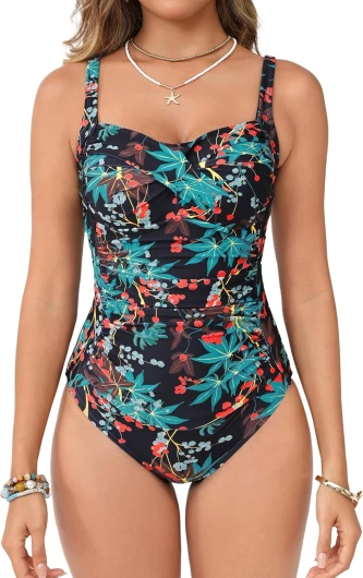 Women’s Tummy Control One Piece Swimsuit Ruched Push Up Swimming Vintage Retro Bathing Suits Red/Green Flowers 12