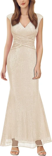 Women’s V Neck Glitter Sequin Ruched Cocktail Party Long Dress