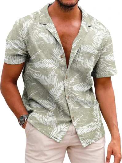 Men’s Hawaiian Floral Shirts Cotton Linen Button Down Tropical Holiday Beach Shirts A-green- Palm Leaf XX-Large