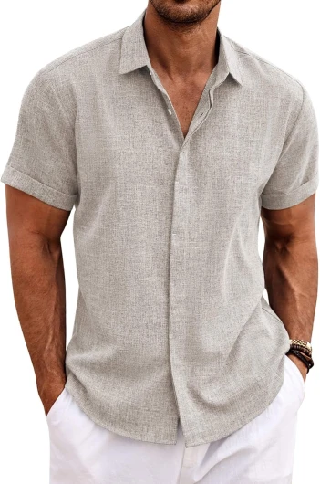 Men’s Linen Shirts Short Sleeve Casual Shirts Button Down Shirt for Men Beach Summer Wedding Shirt Large Stone