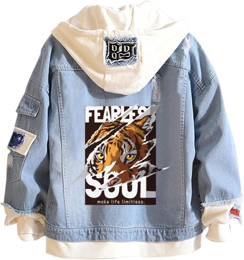 Unisex False Two Pieces Denim Jacket Fashion Denim Hoodies Coats Button Down Hoodie for Teen Adult