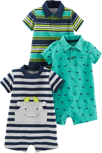 Simple Joys by Carter’s baby-boys 3-pack Rompers 3-6 Months Green Dinosaur/Navy Stripe/Yellow Stripe